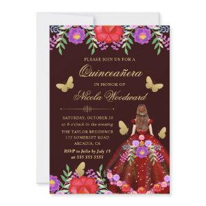 Red Hair Woman in Mexican Floral Dress Quinceañera