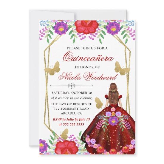 Red Haired in Mexican Floral Dress Quinceañera