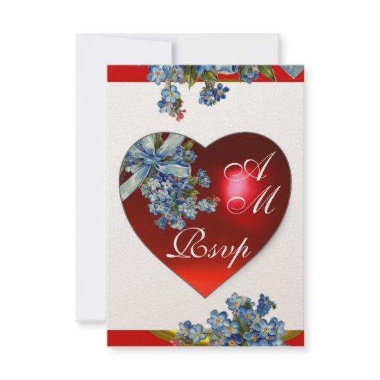 RED HEART WITH BLUE FORGET ME NOTS MONOGRAM RSVP