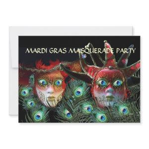 RED LADY AND JESTER MASK WITH  PEACOCK FEATHERS