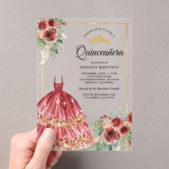 Red Marsala Floral Dress Gold Quinceanera Acrylic