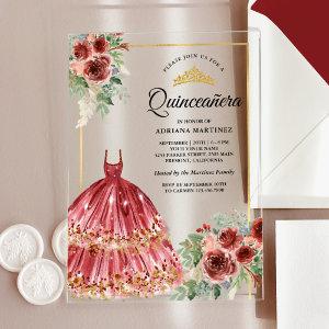 Red Marsala Floral Dress Gold Quinceanera Acrylic