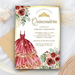 Red Marsala Floral Dress Gold Quinceanera