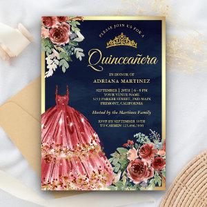 Red Marsala Floral Dress Navy Gold Quinceanera