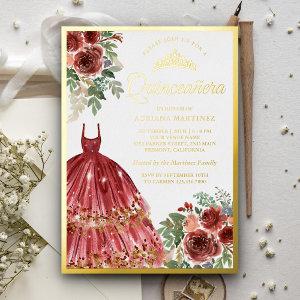 Red Marsala Floral Dress Quinceanera Gold Foil