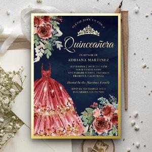 Red Marsala Floral Dress Quinceanera Navy Gold Foil
