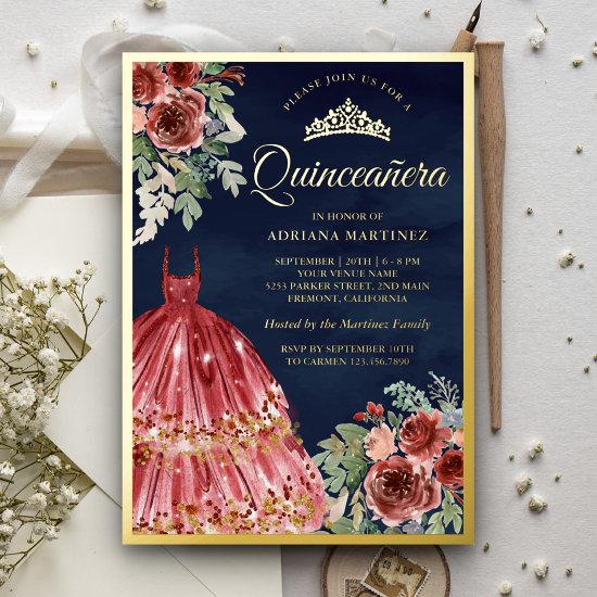 Red Marsala Floral Dress Quinceanera Navy Gold Foil