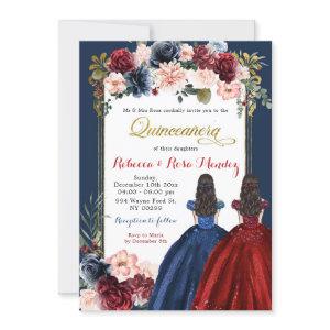 Red Marsala Navy Blue Floral Twins Quinceañera