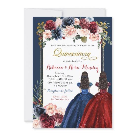 Red Marsala Navy Blue Floral Twins Quinceañera