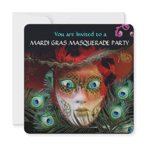 RED MASK AND  PEACOCK FEATHERS MASQUERADE PARTY