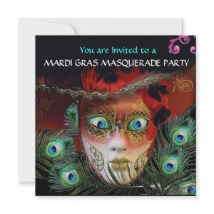 RED MASK  PEACOCK FEATHERS GOLD MASQUERADE PARTY
