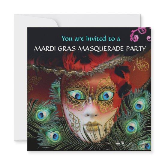 RED MASK  PEACOCK FEATHERS GOLD MASQUERADE PARTY