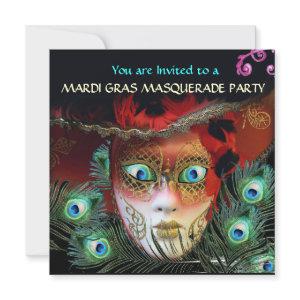 RED MASK WITH  PEACOCK FEATHERS MASQUERADE PARTY