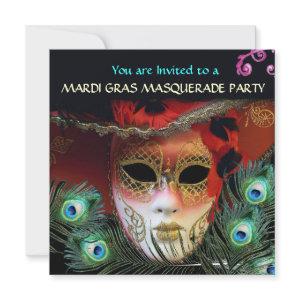 RED MASK WITH  PEACOCK FEATHERS MASQUERADE PARTY