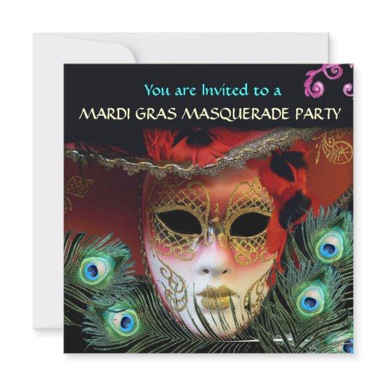 RED MASK WITH  PEACOCK FEATHERS MASQUERADE PARTY