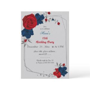 red & navy blue flowers geomertic birthday invitat
