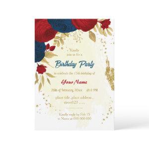 red & navy blue flowers gold leaves birthday invit