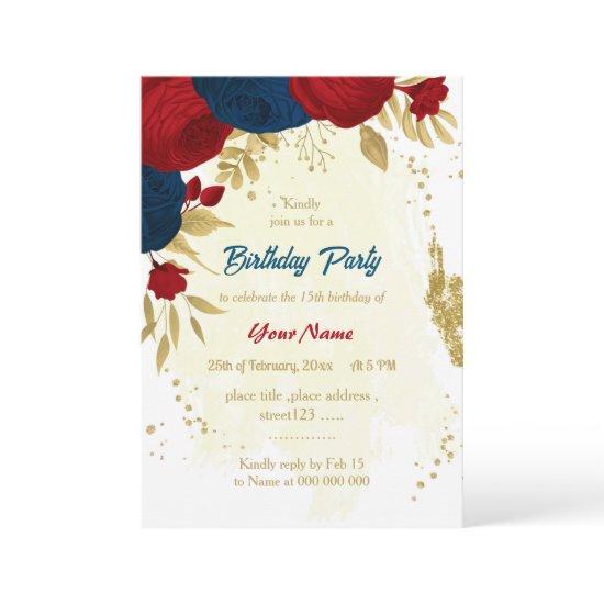 red & navy blue flowers gold leaves birthday invit