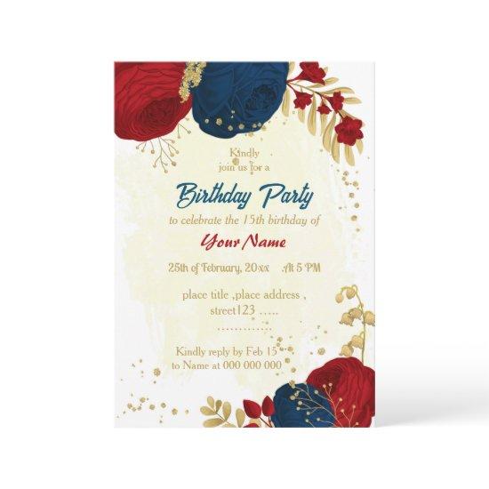 red & navy blue flowers gold leaves birthday