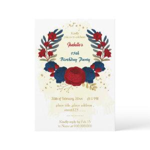 red & navy blue flowers gold leaves birthday