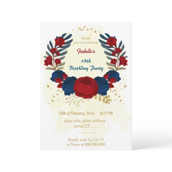 red & navy blue flowers gold leaves birthday