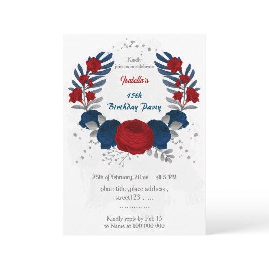 red & navy blue flowers silver leaves birthday