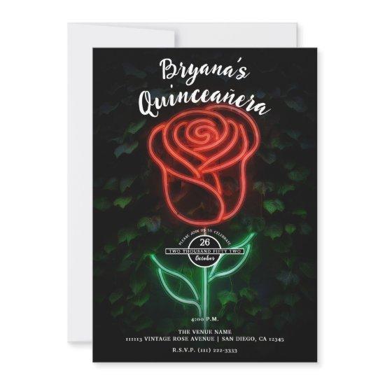 Red Neon Light Glowing Rose Ivy 15 Quinceañera