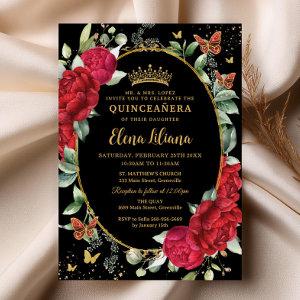 Red Peonies Floral Butterflies Gold Quinceañera