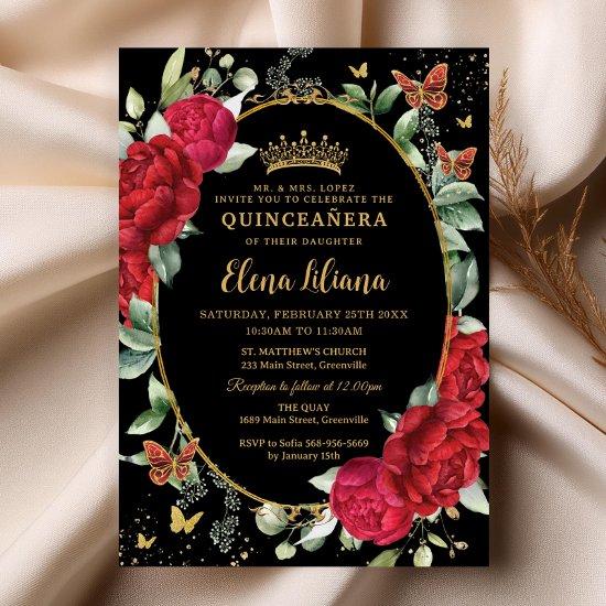 Red Peonies Floral Butterflies Gold Quinceañera