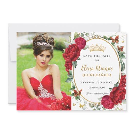 Red Peonies Floral Butterflies Quinceañera Photo Save The Date