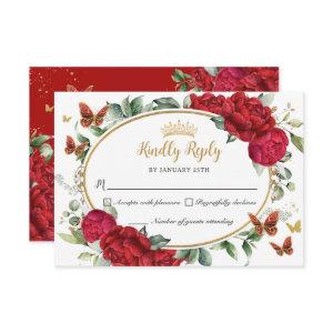 Red Peonies Floral Flowers Butterflies Quinceañera RSVP Card