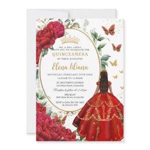 Red Peony Floral Brown Princess Dress Quinceañera