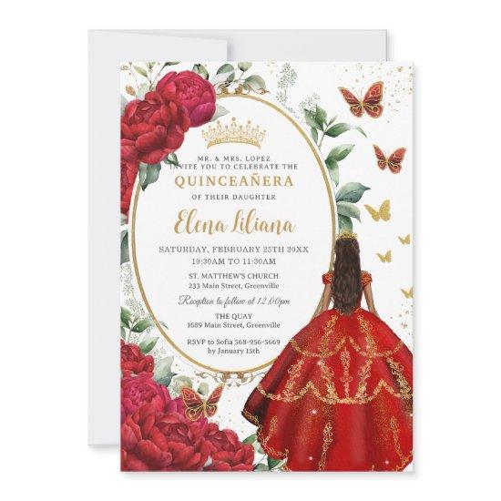 Red Peony Floral Brown Princess Dress Quinceañera