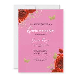 Red pink Gold Floral Butterfly Elegant Quinceañera