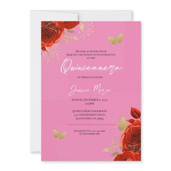 Red pink Gold Floral Butterfly Elegant Quinceañera