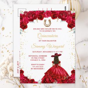 Red Princess Floral Charro Quinceañera Postcard