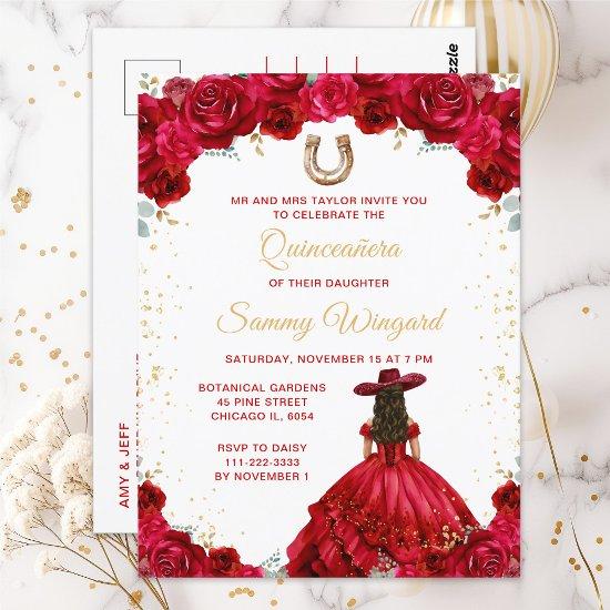 Red Princess Floral Charro Quinceañera Postcard