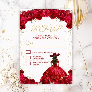 Red Princess Floral Charro Quinceañera RSVP Card