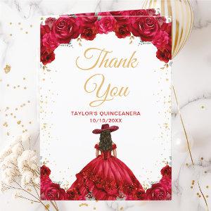 Red Princess Floral Charro Quinceañera Thank You Card
