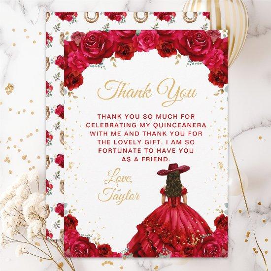 Red Princess Floral Charro Quinceañera Thank You Card