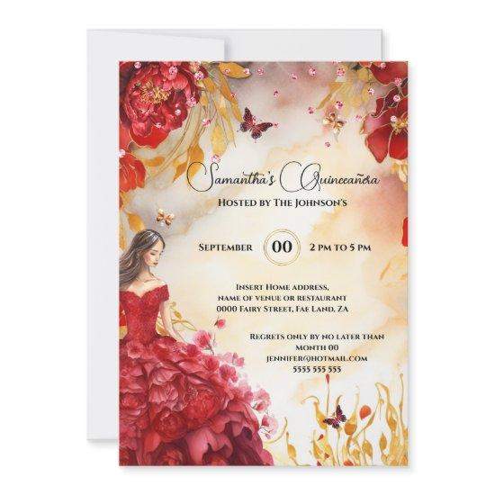 Red Quinceañera peony ballgown floral flowers