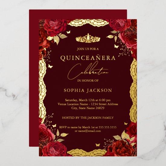 Red Quinceanera Rose Gold Lace Birthday Foil