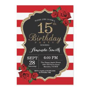Red Rose 15th Birthday  Gold Glitter