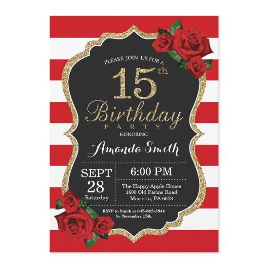 Red Rose 15th Birthday  Gold Glitter