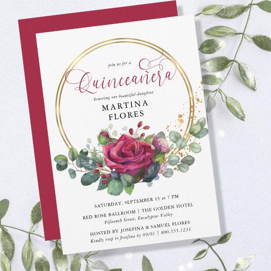 Red Rose and Eucalyptus Elegant Floral Quinceanera