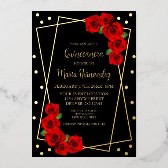 Red Rose Black and Gold Quinceañera Foil