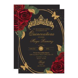 Red Rose Black Gold Glitter Butterfly Quinceañera