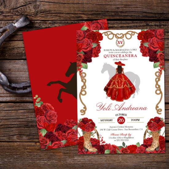 Red Rose Boots Western Charro Vestidos Quinceañera