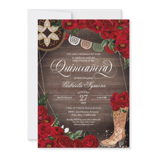 Red Rose Cowgirl Boots Western Charro Quinceañera