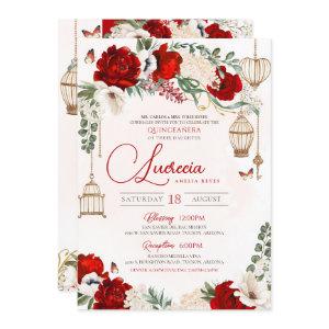 Red Rose Elegant Botanical Butterfly Quinceañera